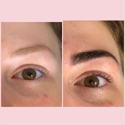 Before and after: bare brow left, dark henna brow right