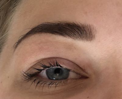 Dark henna-tinted brow and curled lashes on a blue eye