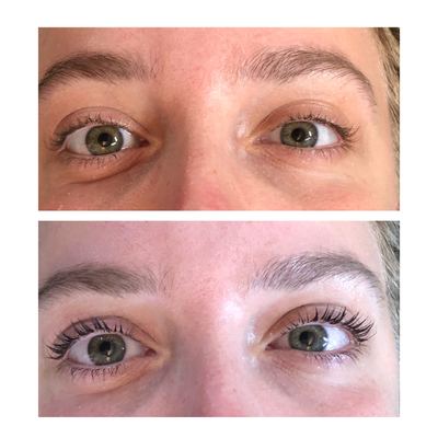 Before and after lashes: bare lashes top, lifted dark lashes bottom, green-eyed client