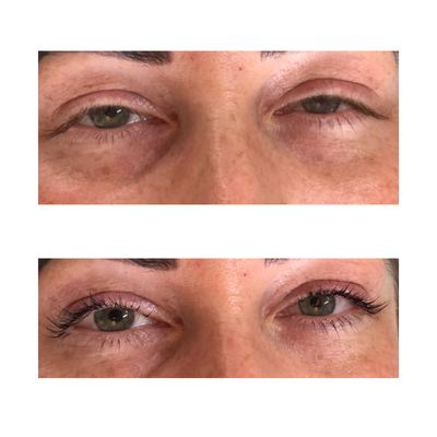 Before and after lashes on a green-eyed client