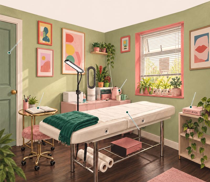 Treatment room: white couch, ring lamp, sage-green walls, art prints, plants